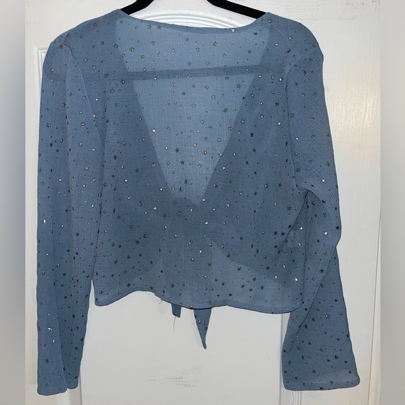 Sheer Blue With Gold Shimmery Stars Tie Front Crop Top — One Size Fits All - Picture 4 of 5